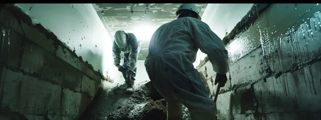 a professional contractor in safety gear meticulously applies hydraulic cement to cracks in an illuminated basement with exposed concrete walls, while another installs a french drain, showcasing a clean and organized waterproofing process ready for effective protection against water intrusion.