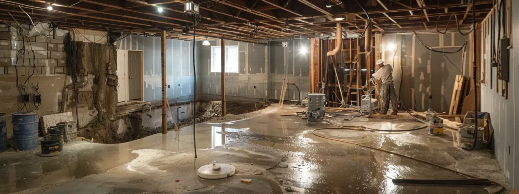 a well-lit residential basement showcases the waterproofing process with exposed concrete walls, while a contractor expertly seals cracks and another installs a french drain amidst a clean and professional workspace.