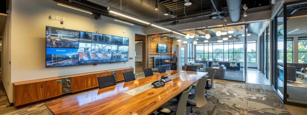 a modern, sleek office space featuring a confident professional discussing advanced waterproofing solutions with a team, highlighted by a large digital display showcasing impressive before-and-after project visuals on an elegant mahogany conference table.