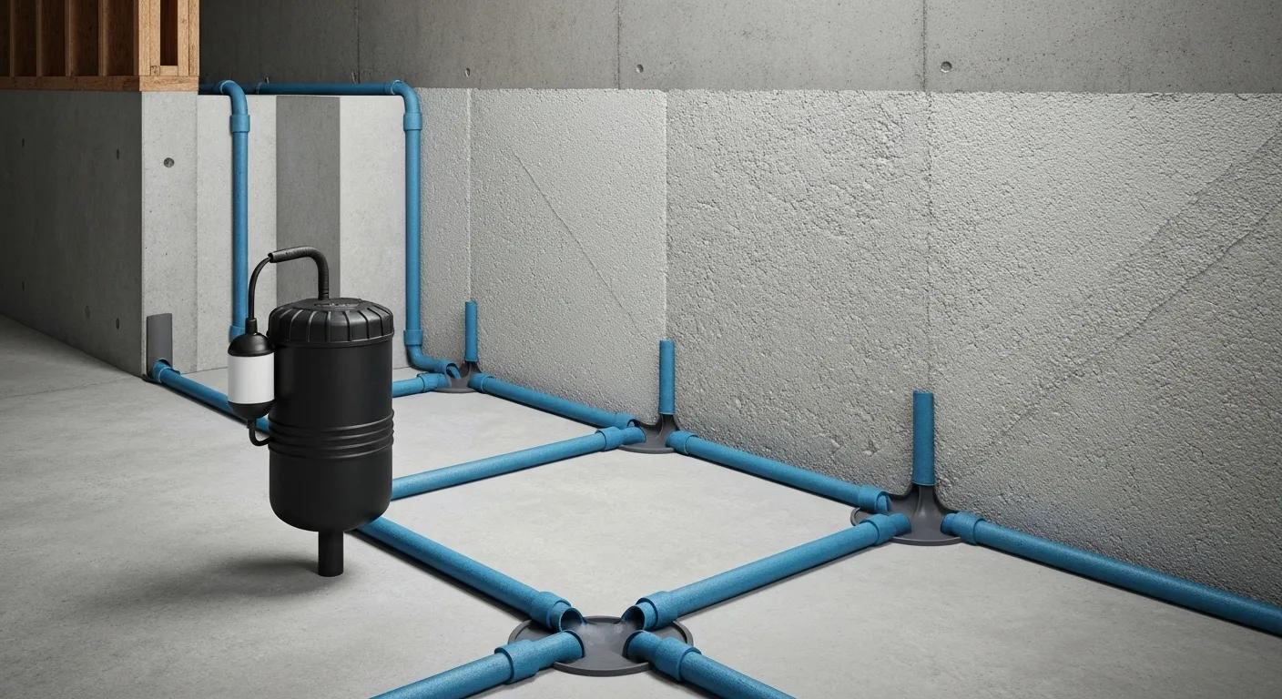 Key components of interior waterproofing systems including drain tile, sump pump, and wall sealants