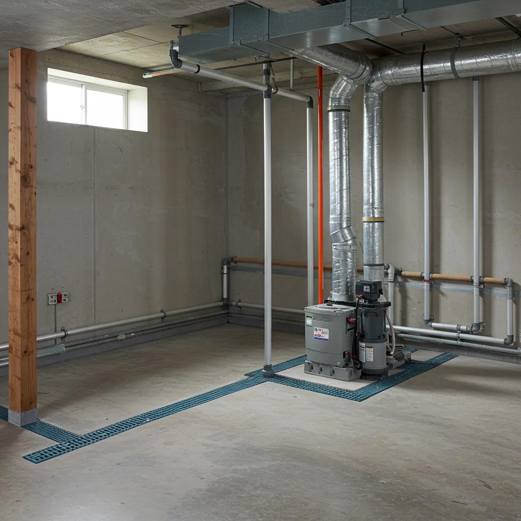 Interior basement waterproofing solutions featuring drain tile and sump pump in a modern setting