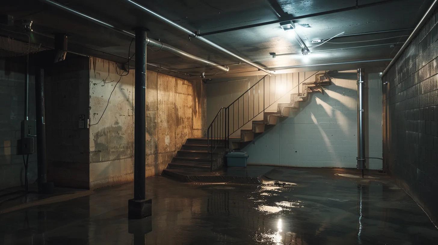 a sleek urban basement, illuminated by bright overhead lights, showcases advanced waterproofing techniques with visible epoxy sealants on cracked walls and a modern sump pump in action, effectively protecting against the minnesota elements.
