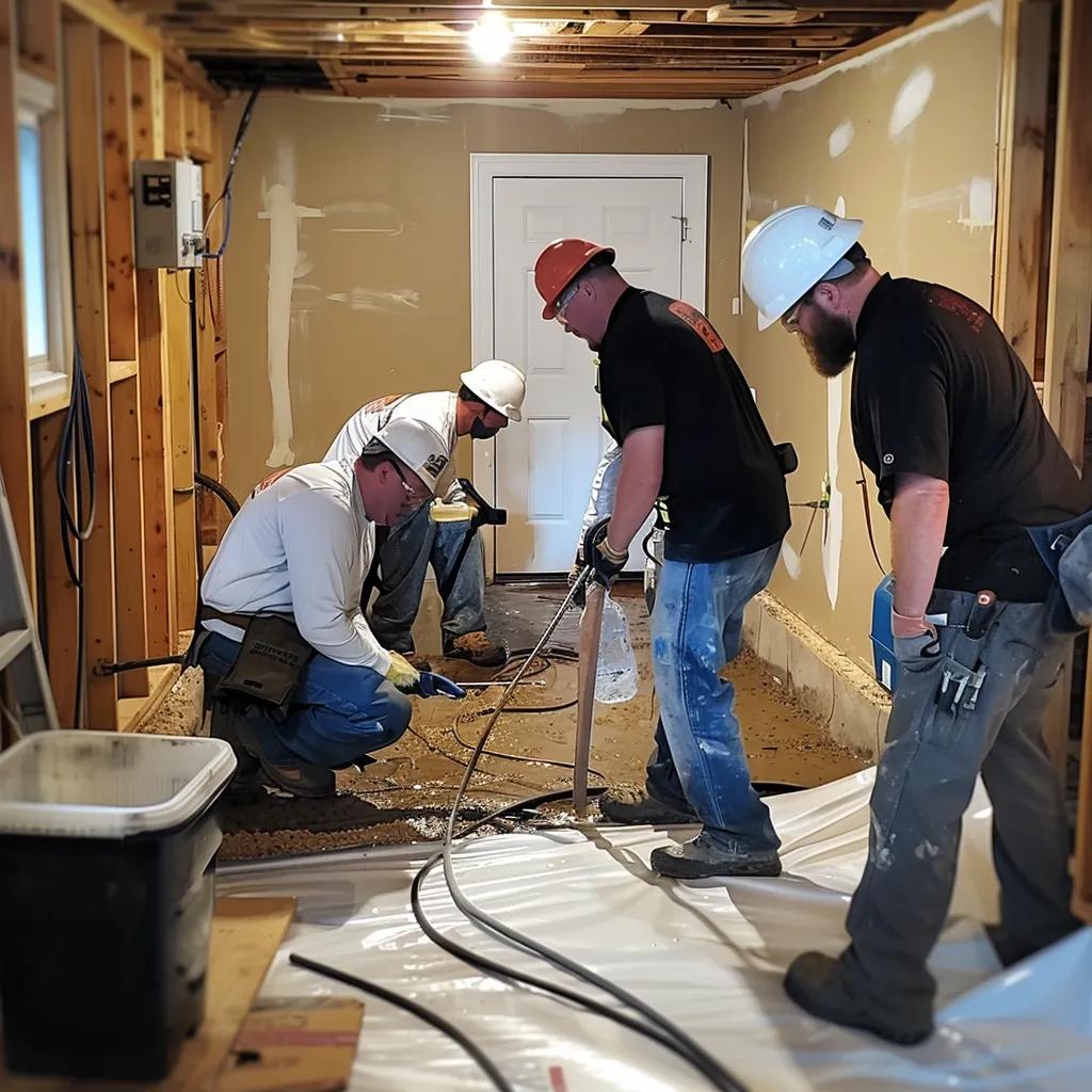 Professional basement waterproofing team inspecting a home in Minneapolis