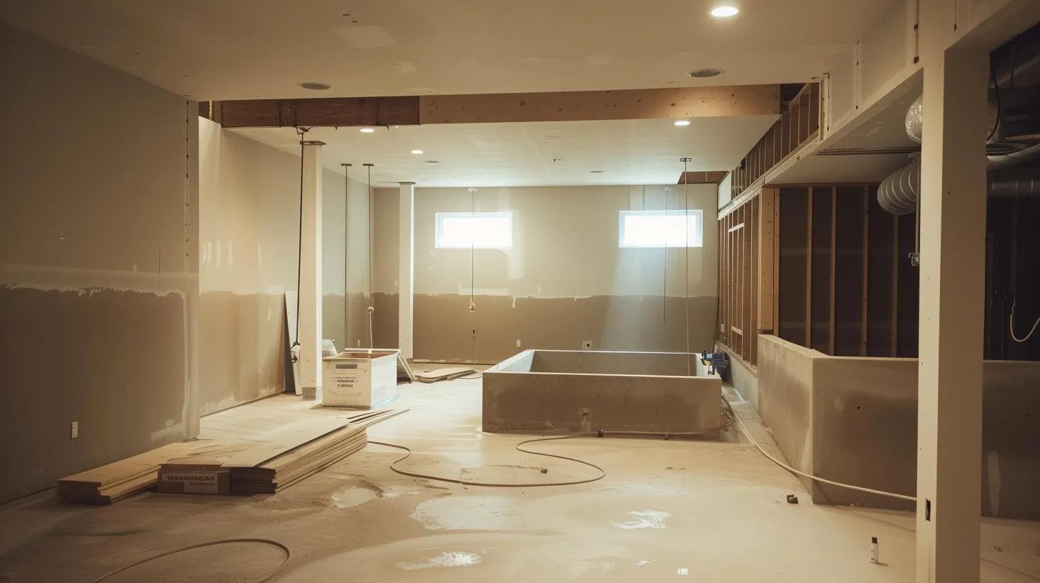 a well-lit, modern basement showcasing a professional waterproofing installation in progress, with advanced materials and equipment visibly employed, emphasizing the commitment to local expertise and durable solutions for homeowners in minneapolis.