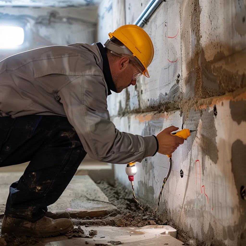 Technician conducting a waterproofing inspection using infrared camera and moisture meter