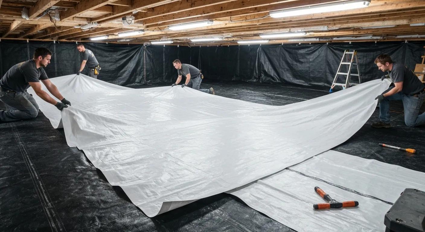 Professional crawl space encapsulation in progress, showing the installation of a heavy-duty polyethylene liner