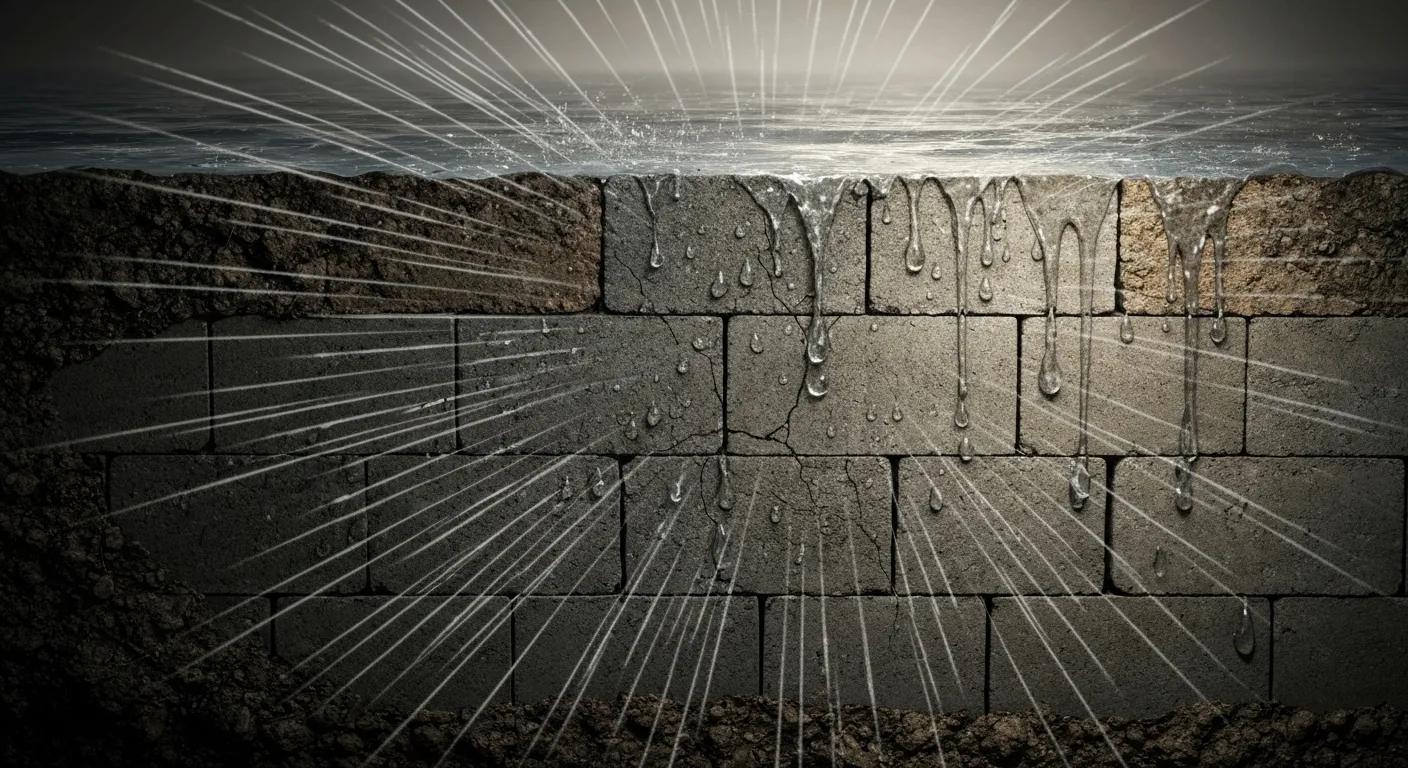 Cross-section of basement wall showing hydrostatic pressure effects