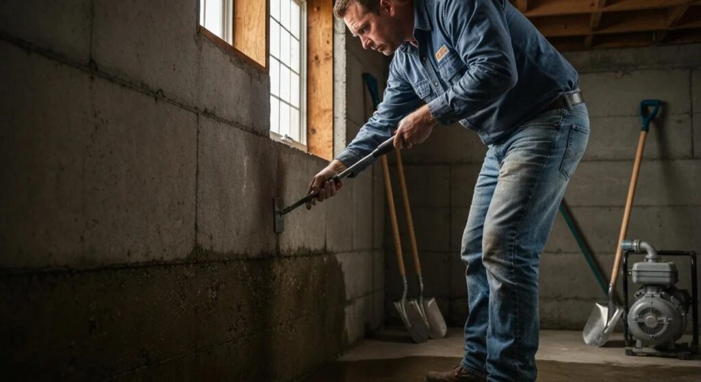 Professional contractor inspecting basement wall for waterproofing in Minneapolis