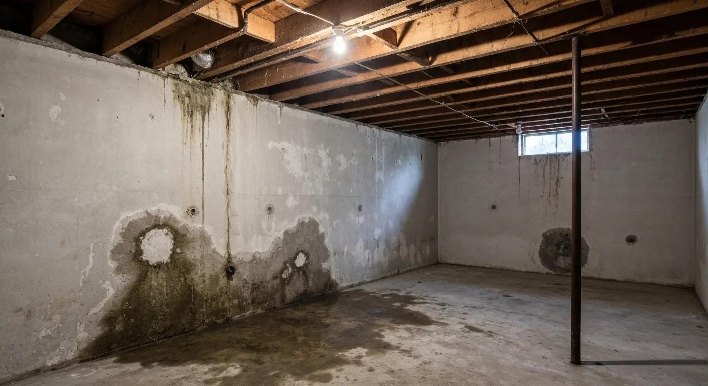Visible signs of water damage in a basement including damp spots and efflorescence