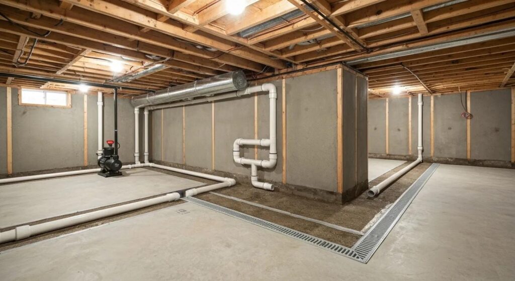 State-of-the-art basement waterproofing setup featuring a sump pump and perimeter drainage system