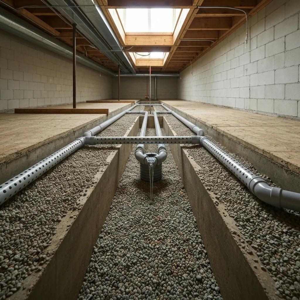 Close-up of an interior drainage system, showing perforated pipes and a sump pump installed in a basement
