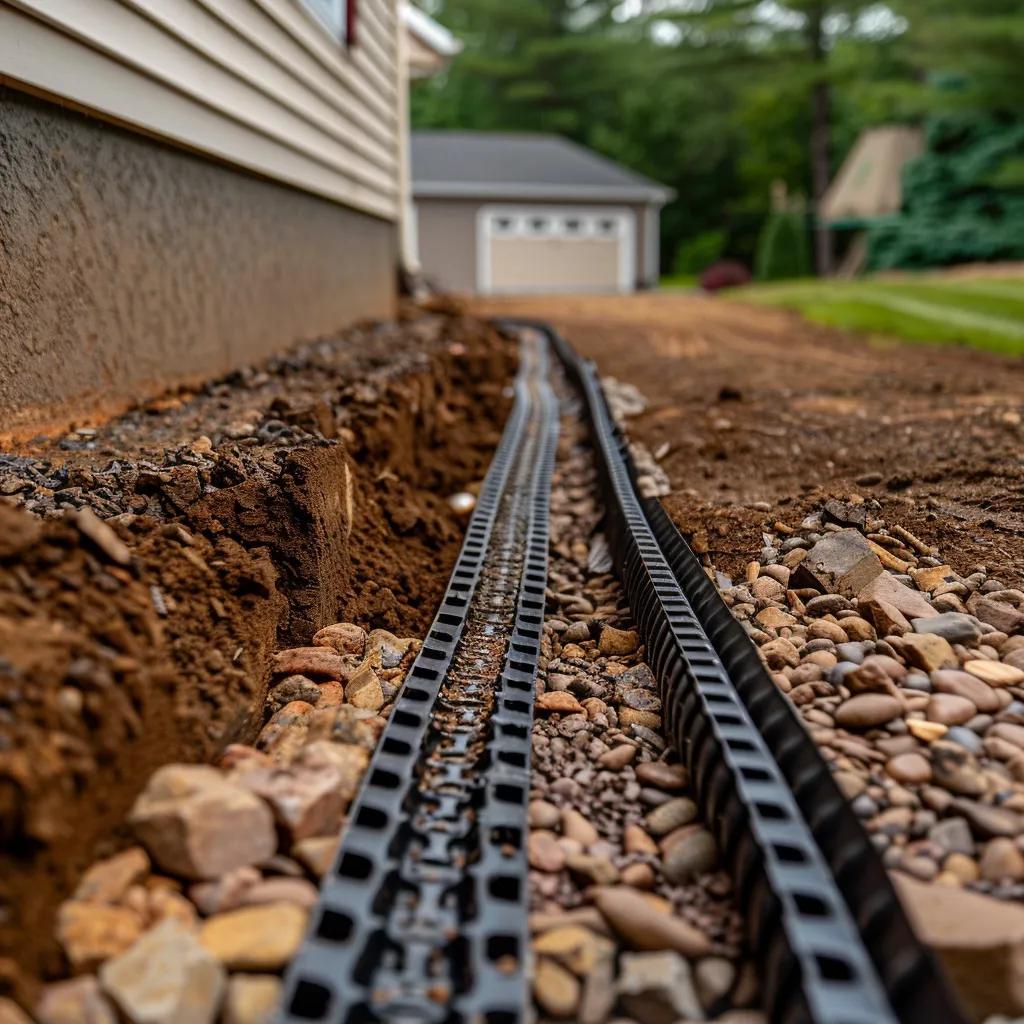 Trenched French drain being installed around a foundation, showing pipe and gravel placement